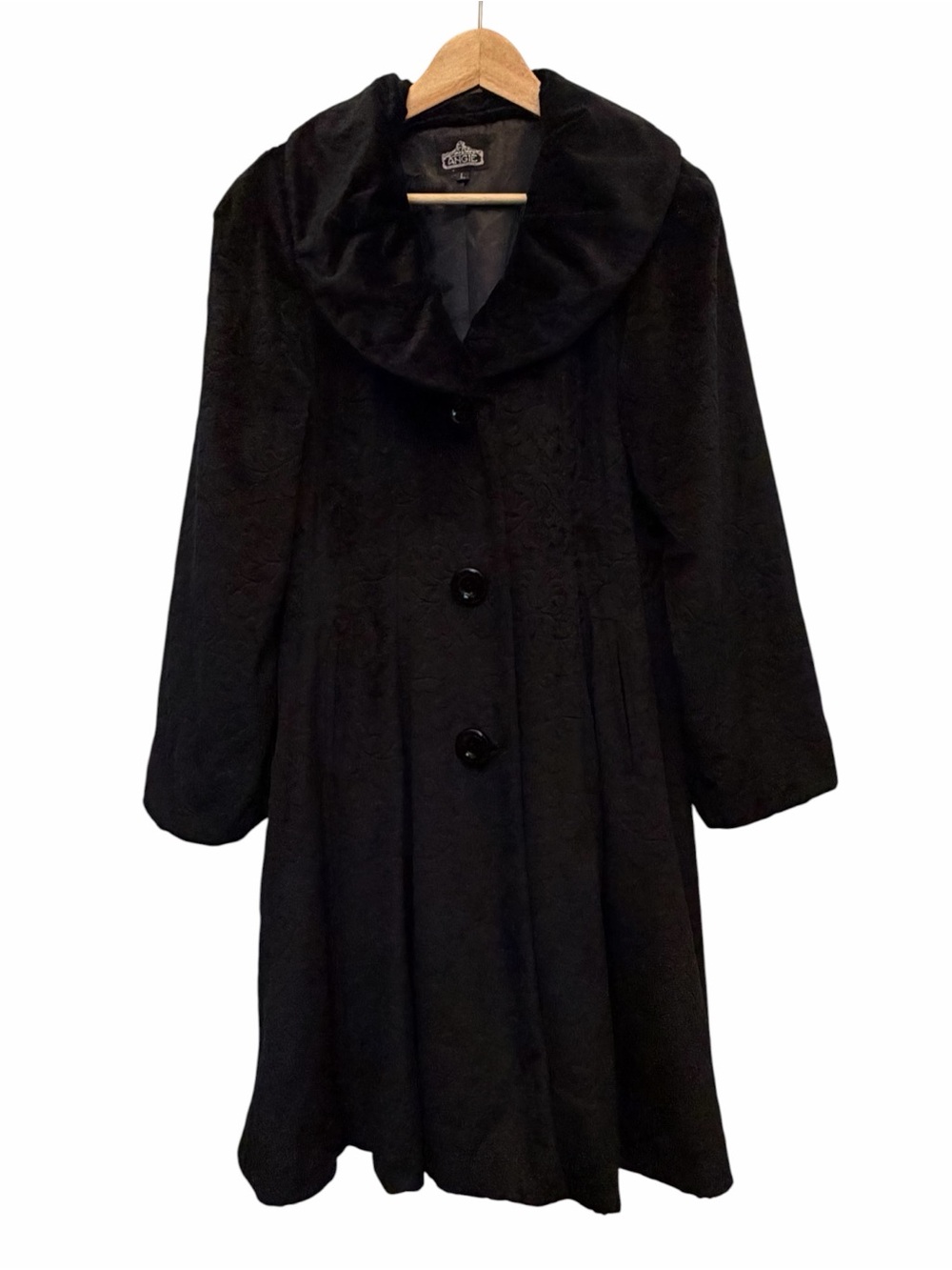 Angie Womens Black Velvet Floral Textured Swing Coat Shawl Collar Size L